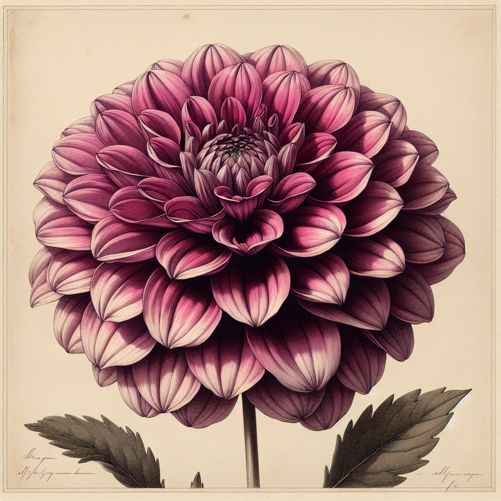 Botanical plate illustration of Rotonde dahlia, Dark Pink Incurved Cactus