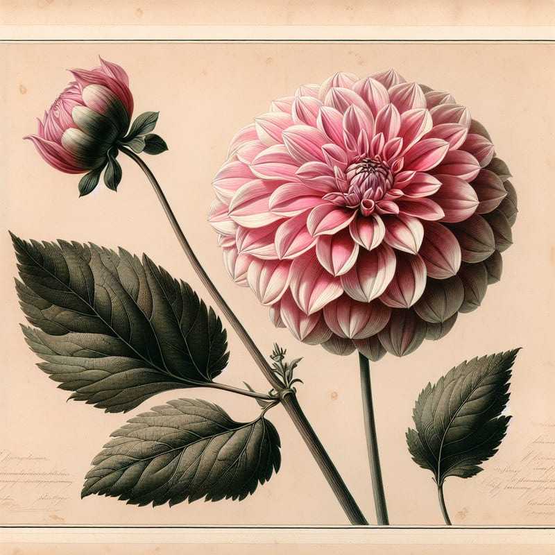 Botanical plate illustration of Ruskin Diana dahlia, Pink Formal Decorative