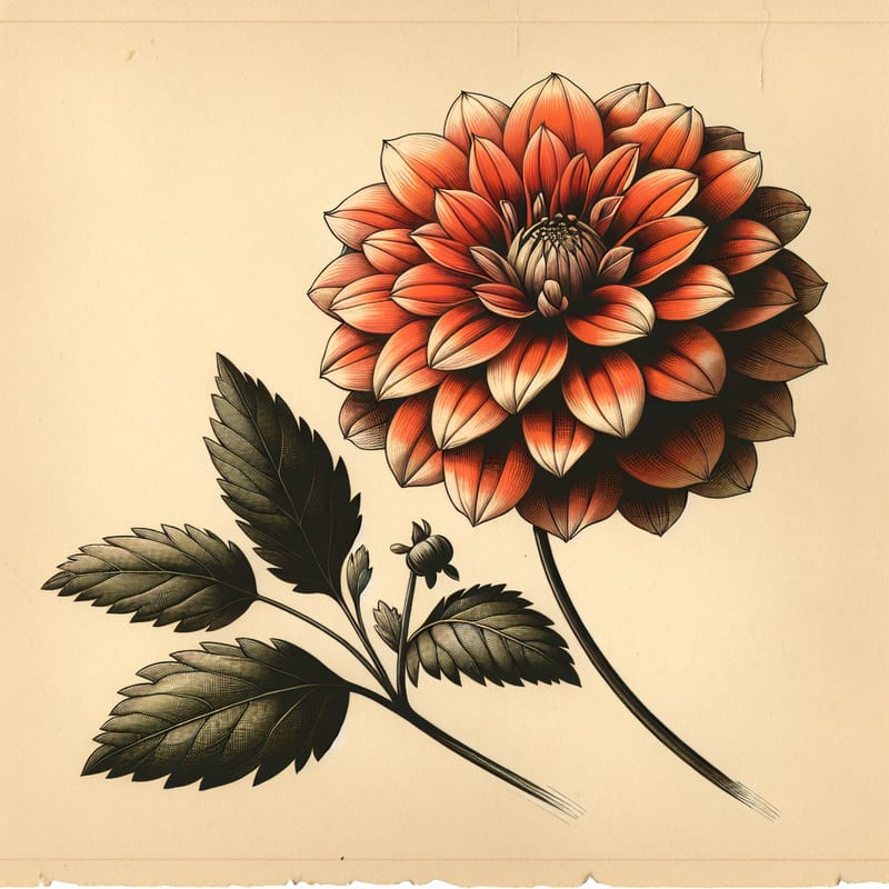 Botanical plate illustration of Rycroft Doris dahlia, Orange Formal Decorative