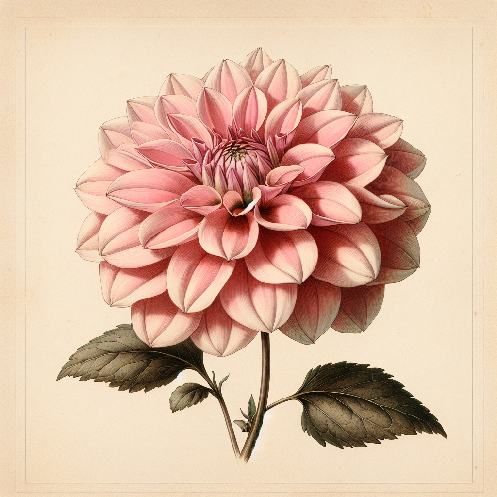 Botanical plate illustration of Salmon Kiss dahlia, Pink Formal Decorative