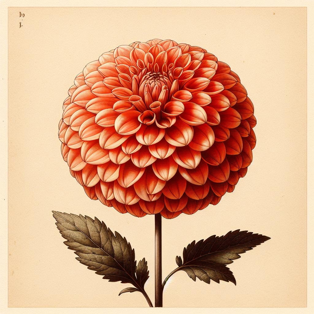 Botanical plate illustration of Salmon Runner dahlia, Orange Ball