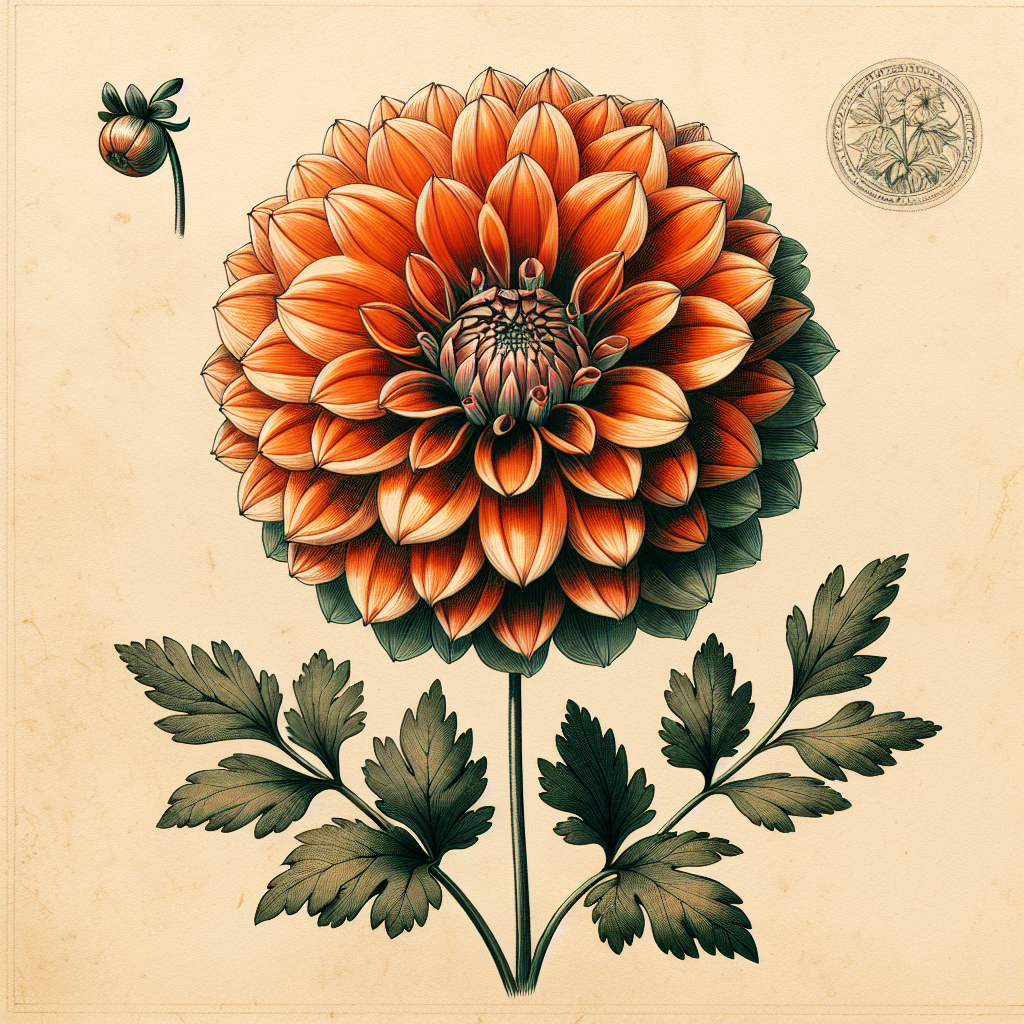Botanical plate illustration of Sandia Brocade dahlia, Orange Anemone