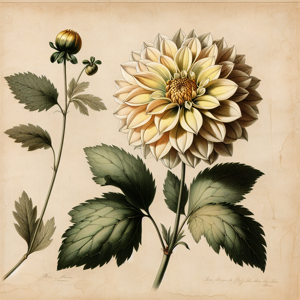 Botanical plate illustration of Sandra dahlia, Light Blend Ball