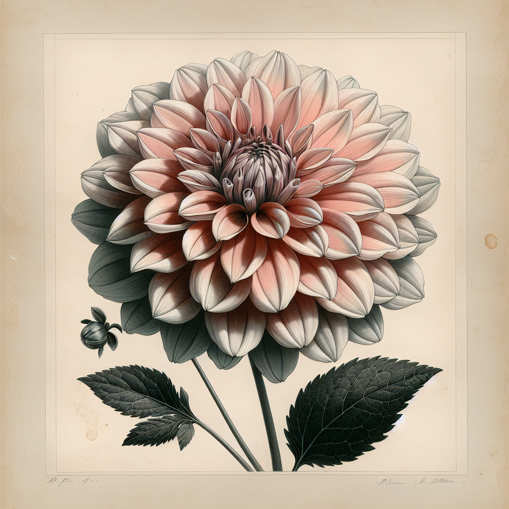 Botanical plate illustration of Santa Claus dahlia, Bicolor Informal Decorative