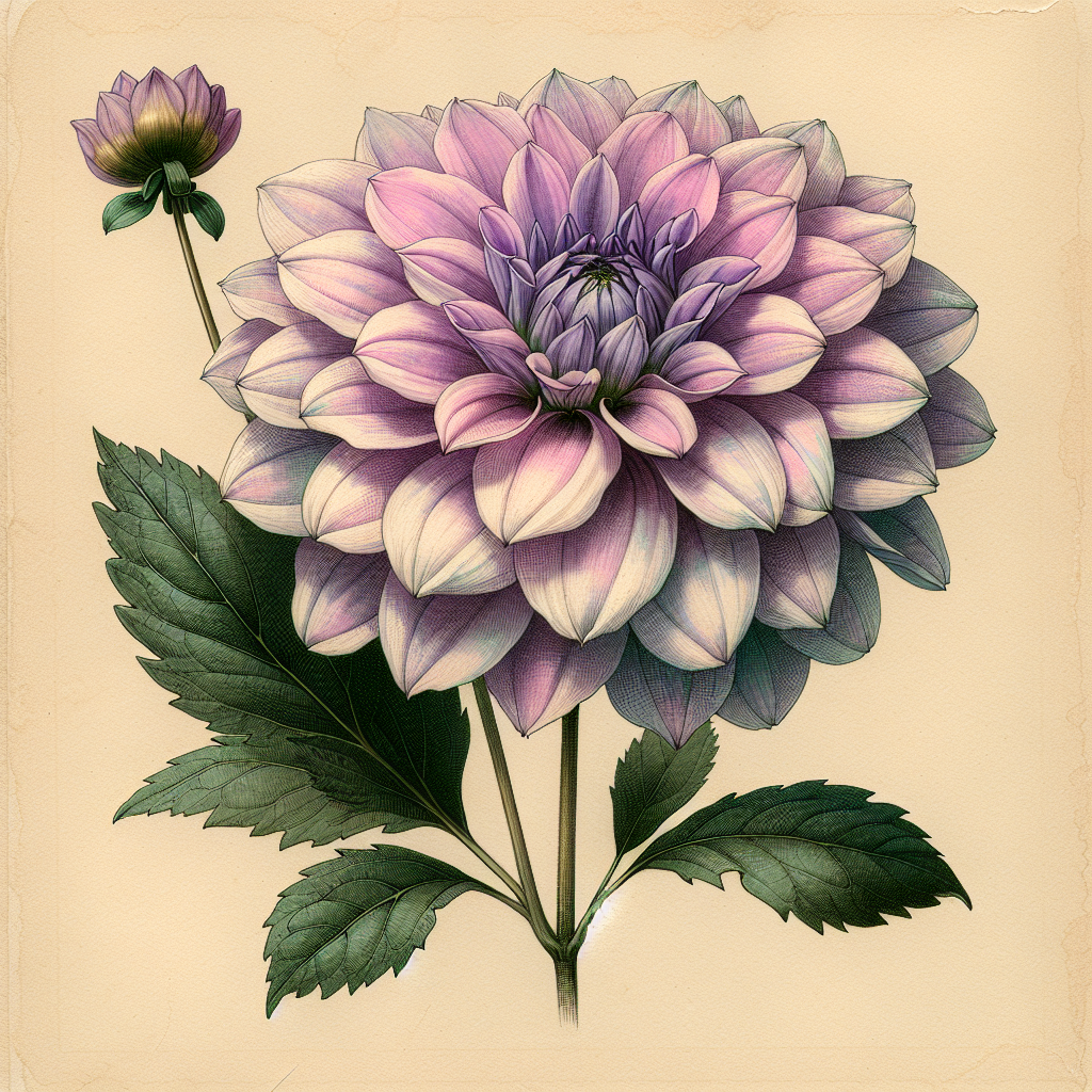 Botanical plate illustration of Seduction dahlia, Lavender Informal Decorative