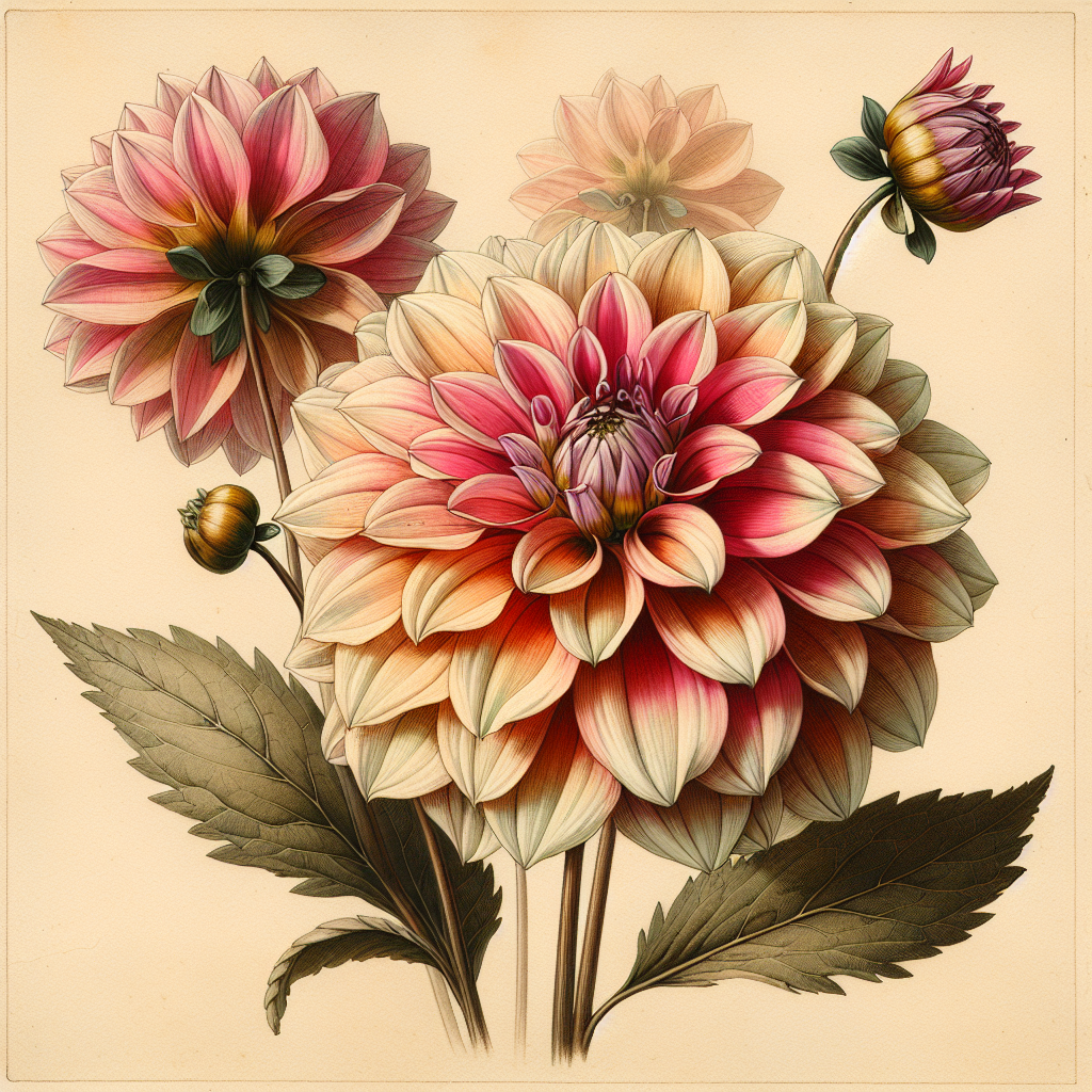 Botanical plate illustration of September Morn dahlia, Light Blend Formal Decorative