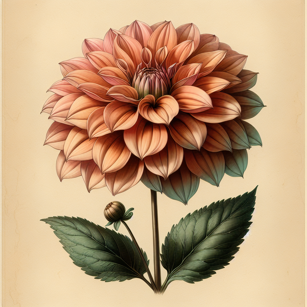 Botanical plate illustration of Sherwood's Peach dahlia, Bronze Informal Decorative