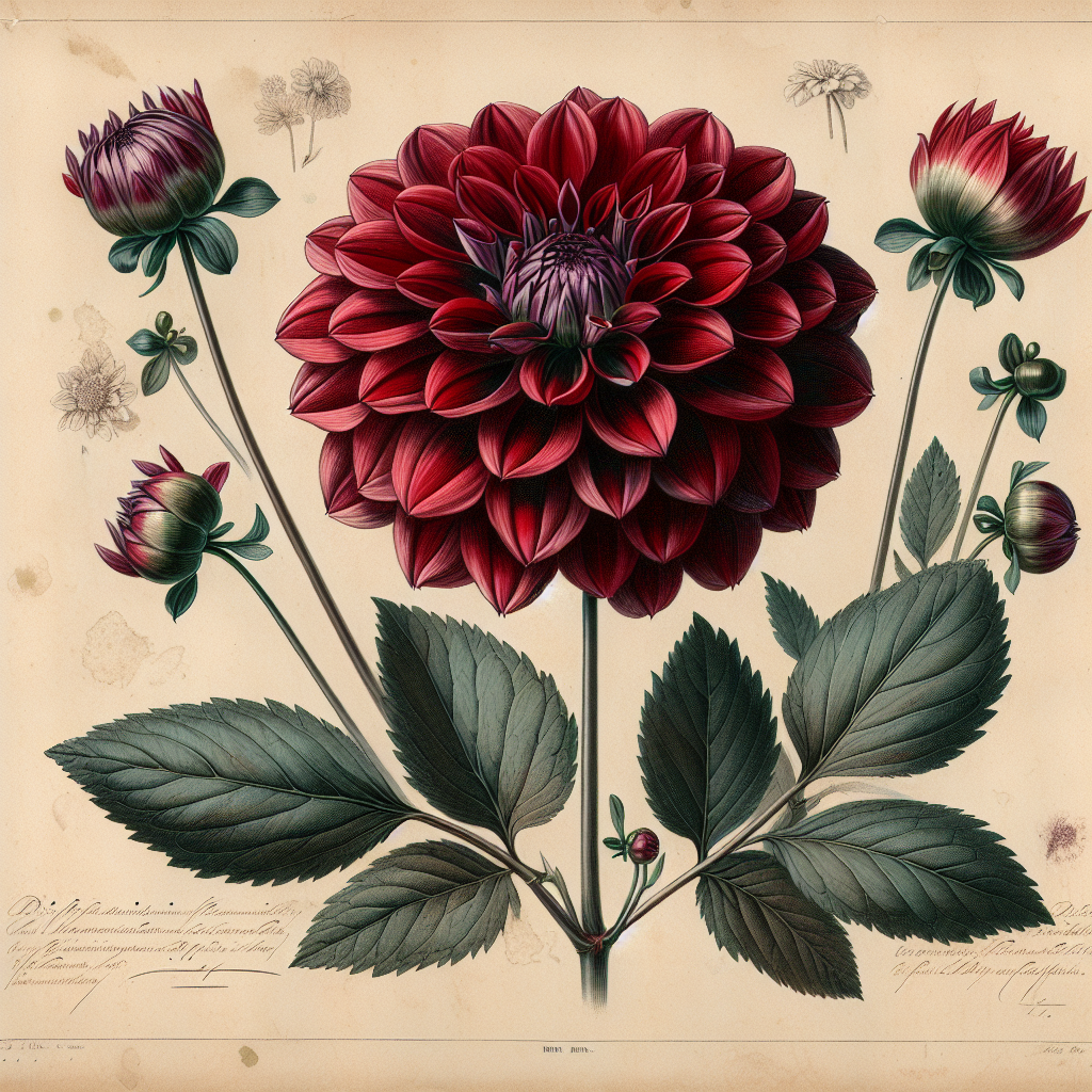 Botanical plate illustration of Sheval Megan dahlia, Dark Red Formal Decorative