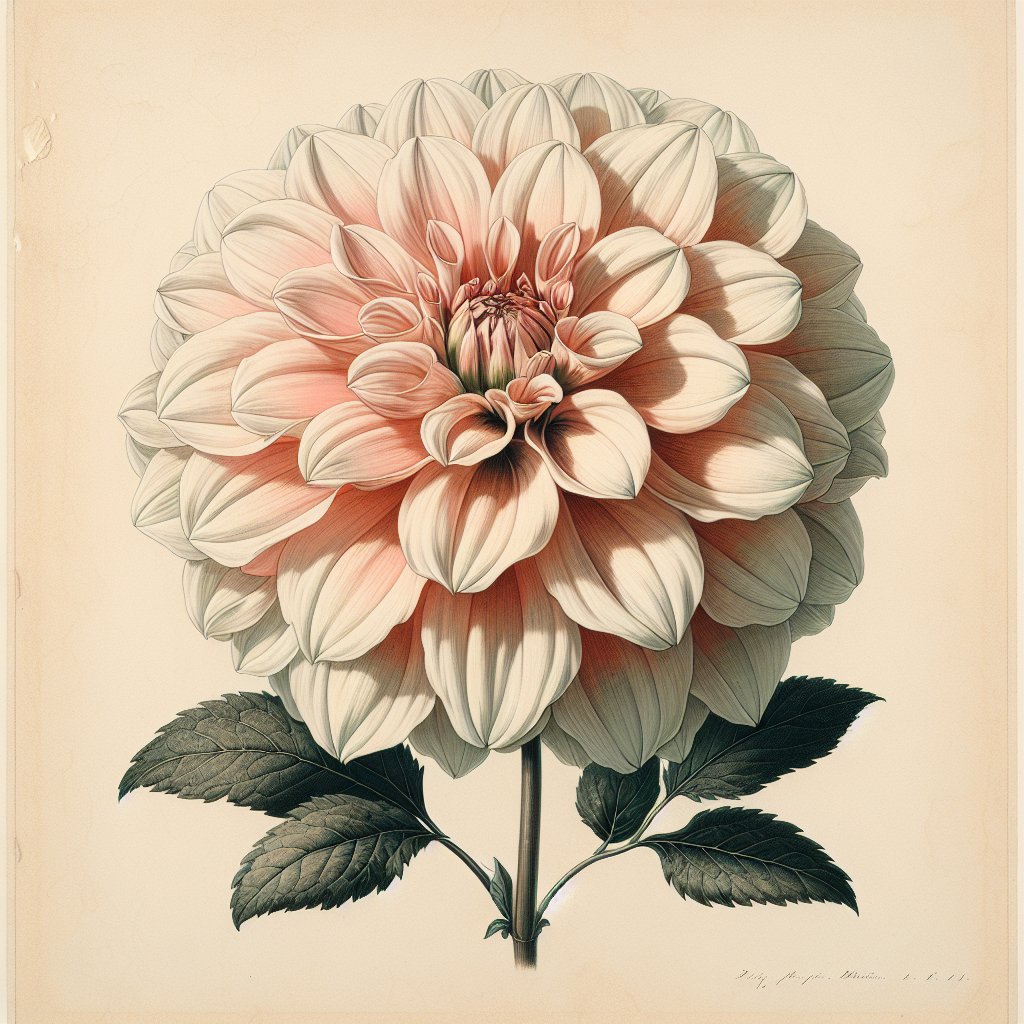 Botanical plate illustration of Shiloh Noelle dahlia, Light Blend Informal Decorative