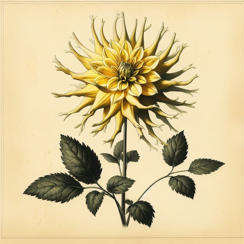 Botanical plate illustration of Shooting Star dahlia, Yellow Stellar