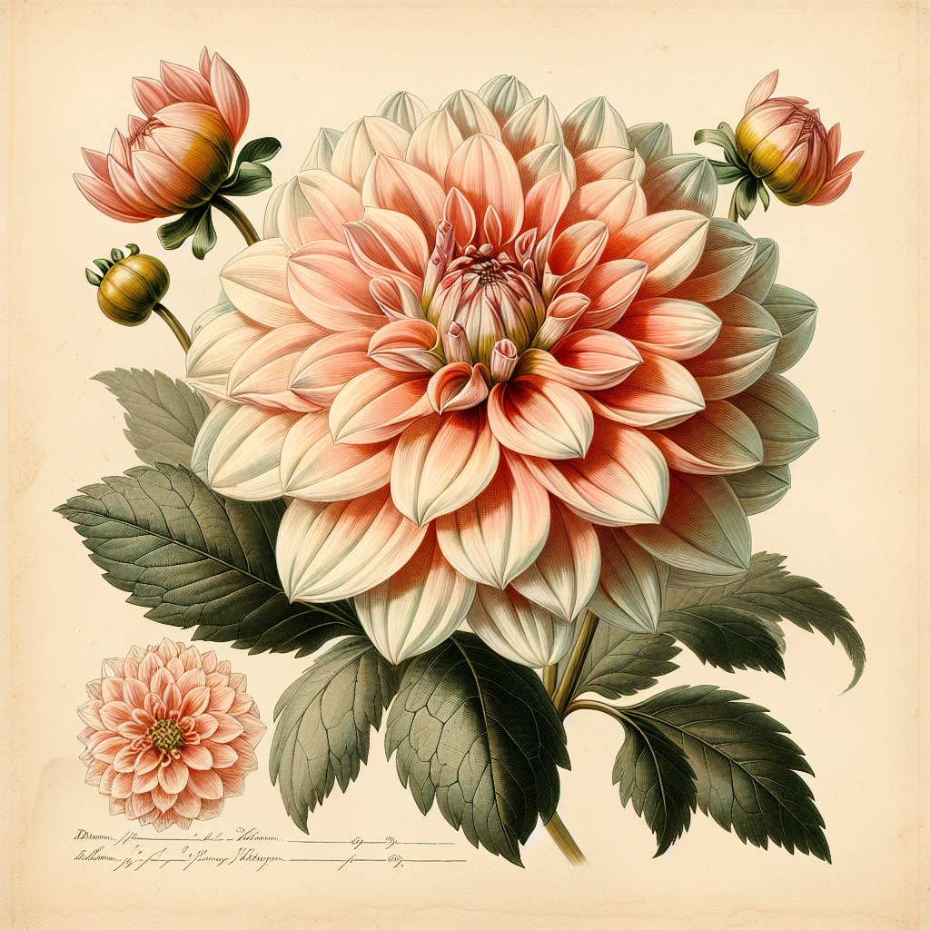 Botanical plate illustration of Silver Years dahlia, Light Blend Straight Cactus