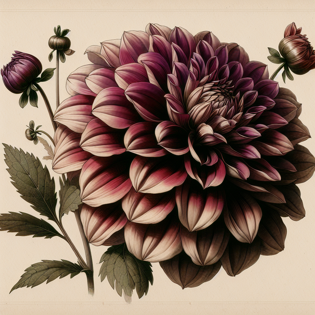Botanical plate illustration of Sir Alf Ramsey dahlia, Dark Blend Semi-Cactus