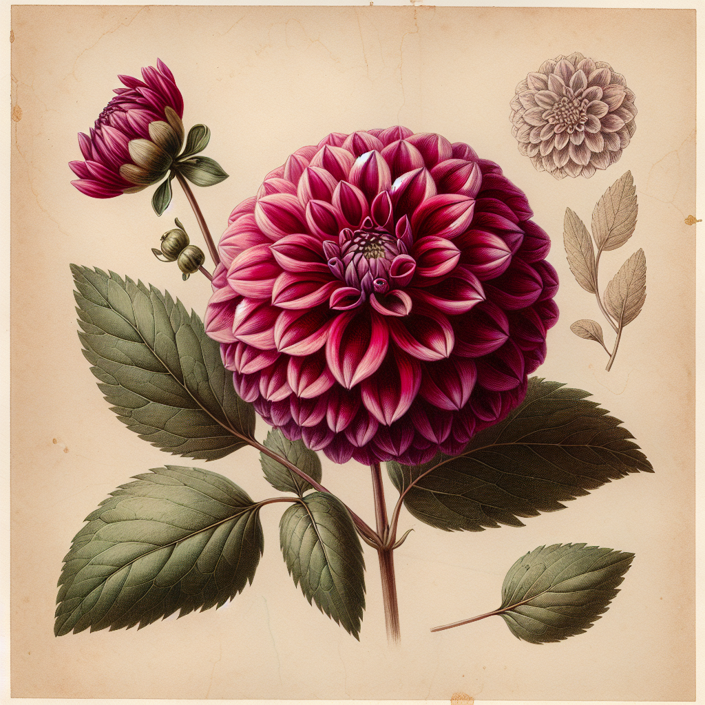 Botanical plate illustration of Sir Richard dahlia, Dark Pink Mini Ball