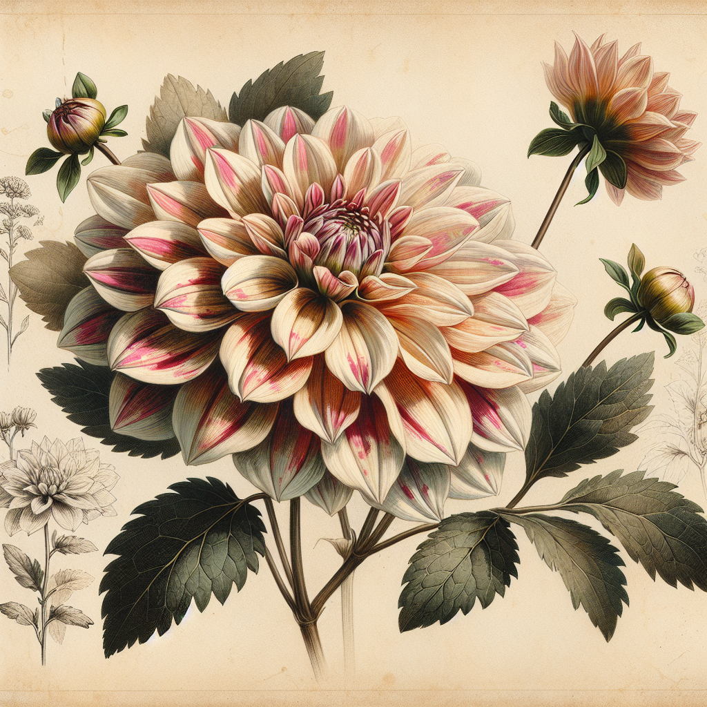 Botanical plate illustration of Skipley Aldo dahlia, Variegated Informal Decorative