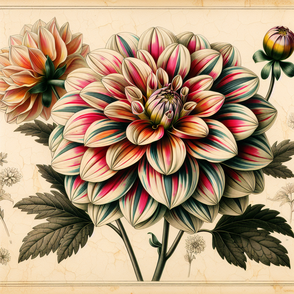 Botanical plate illustration of Skipley Bob dahlia, Variegated Formal Decorative