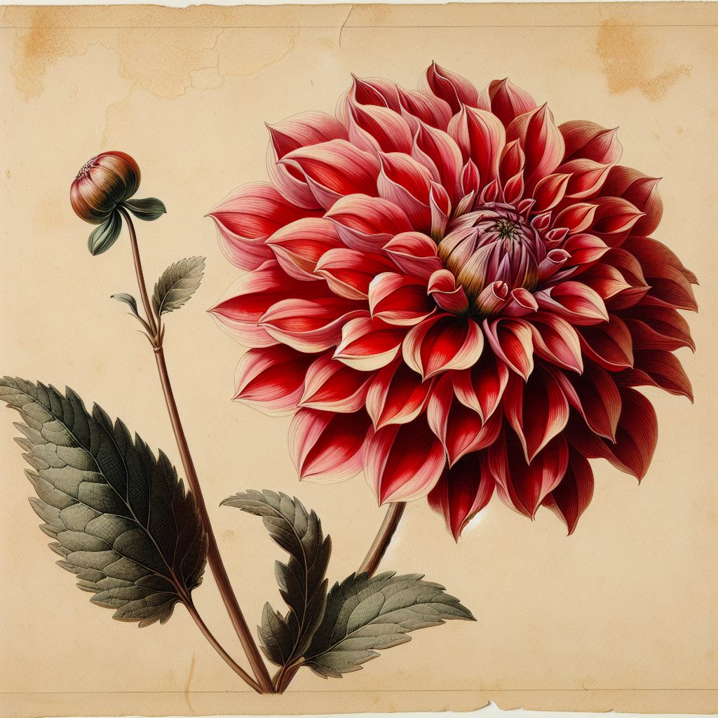 Botanical plate illustration of Skipley Bonanza dahlia, Red Incurved Cactus