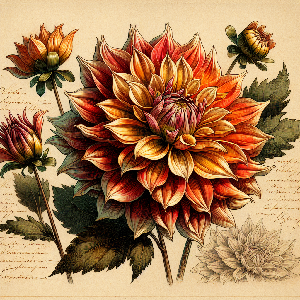 Botanical plate illustration of Skipley Claudia J dahlia, Flame Blend Incurved Cactus