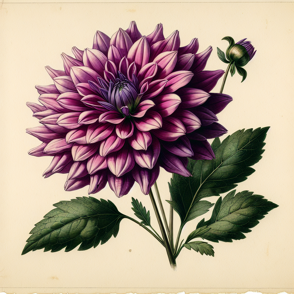 Botanical plate illustration of Skipley Fair Lady dahlia, Purple Straight Cactus