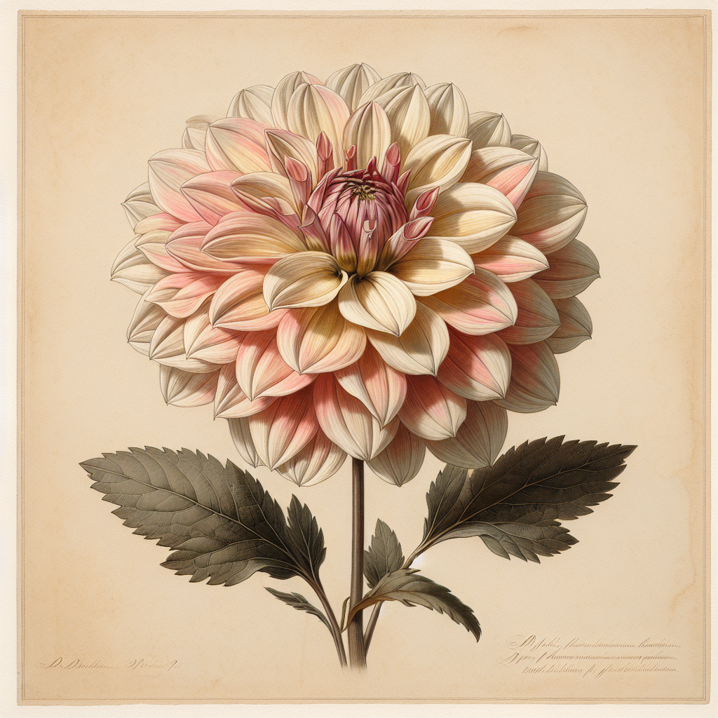 Botanical plate illustration of Skipley Gloria K dahlia, Light Blend Semi-Cactus