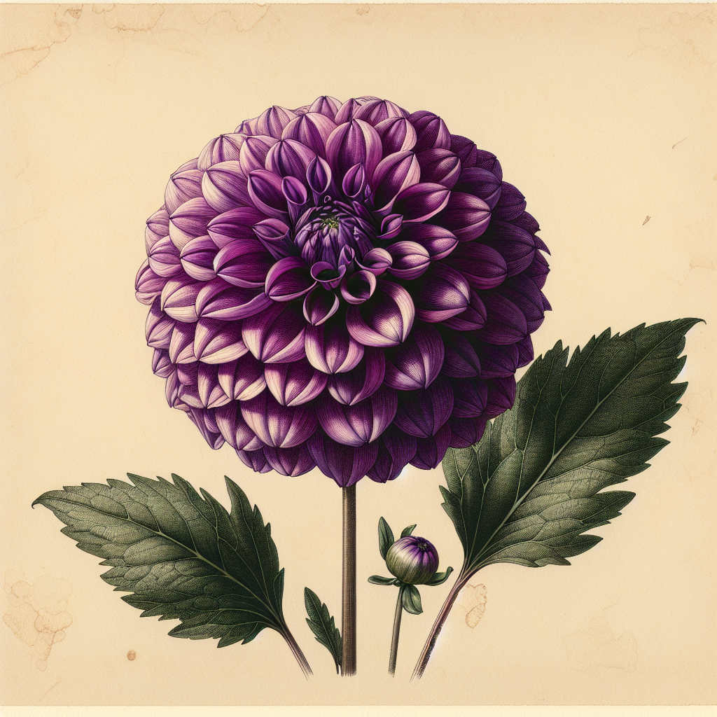 Botanical plate illustration of Skipley Snoho Bill dahlia, Purple Mini Ball