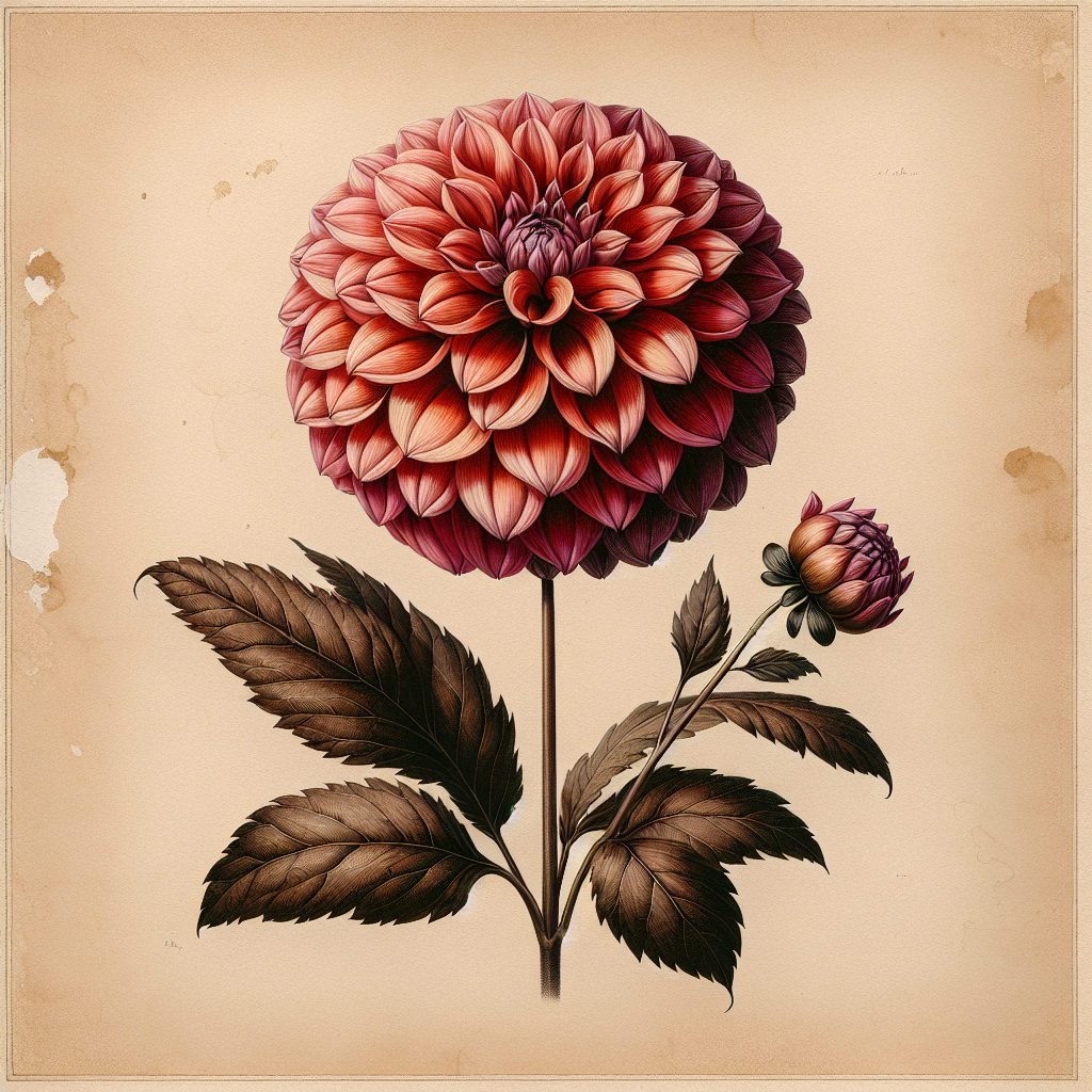 Botanical plate illustration of Snoho Doris dahlia, Dark Blend Formal Decorative