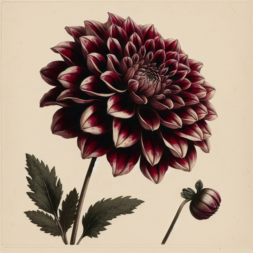 Botanical plate illustration of Spartacus dahlia, Dark Red Informal Decorative