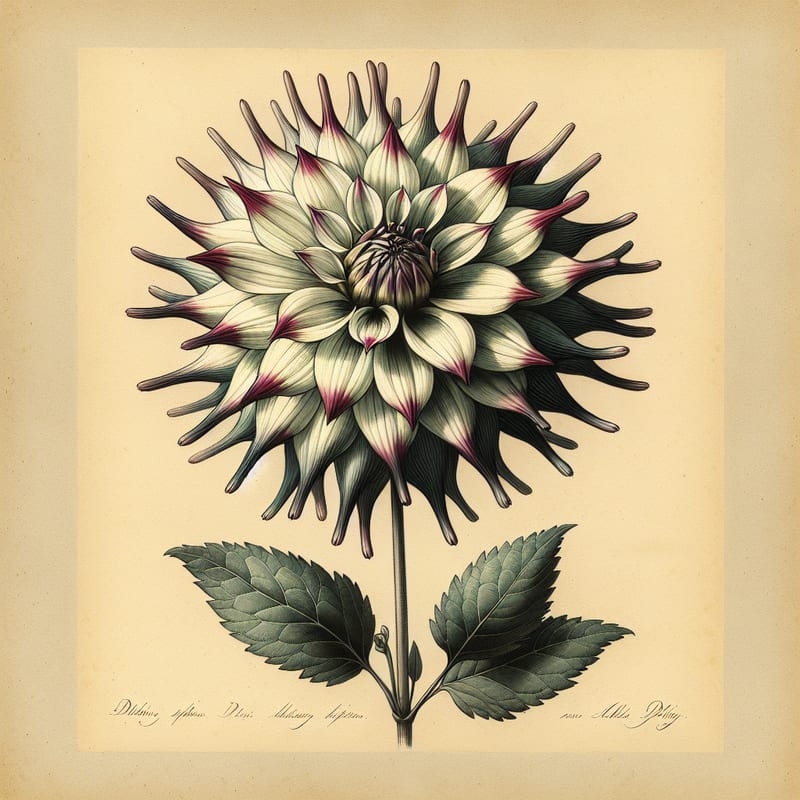 Botanical plate illustration of Star Child dahlia, Bicolor Stellar
