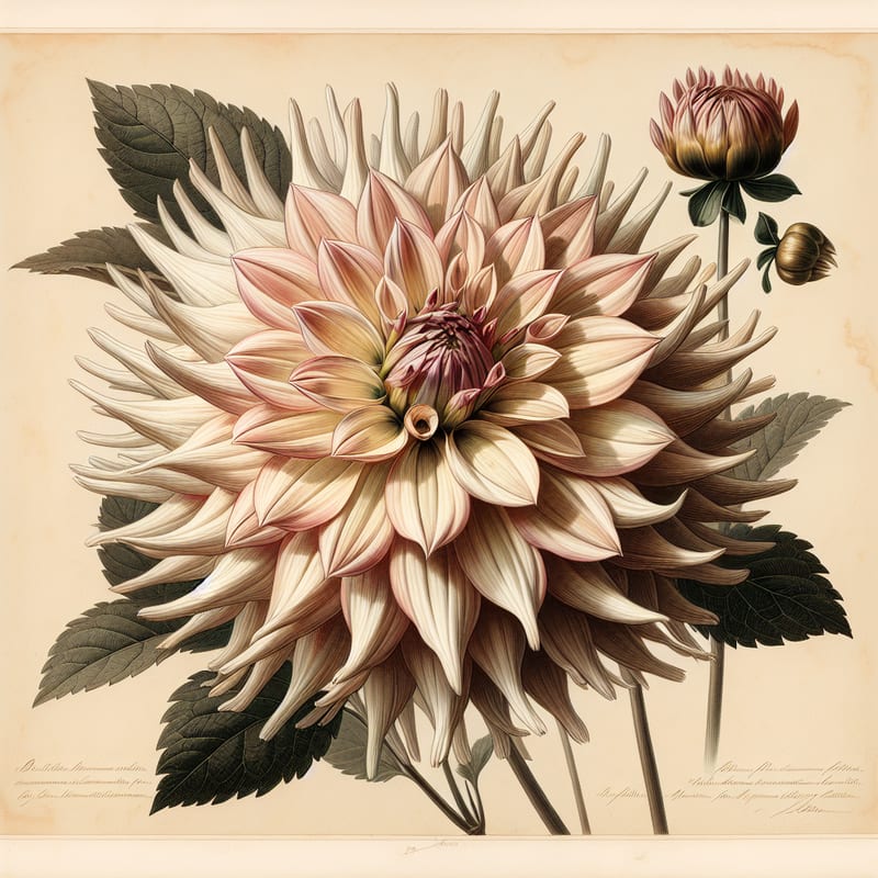 Botanical plate illustration of Star Elite dahlia, Light Blend Straight Cactus