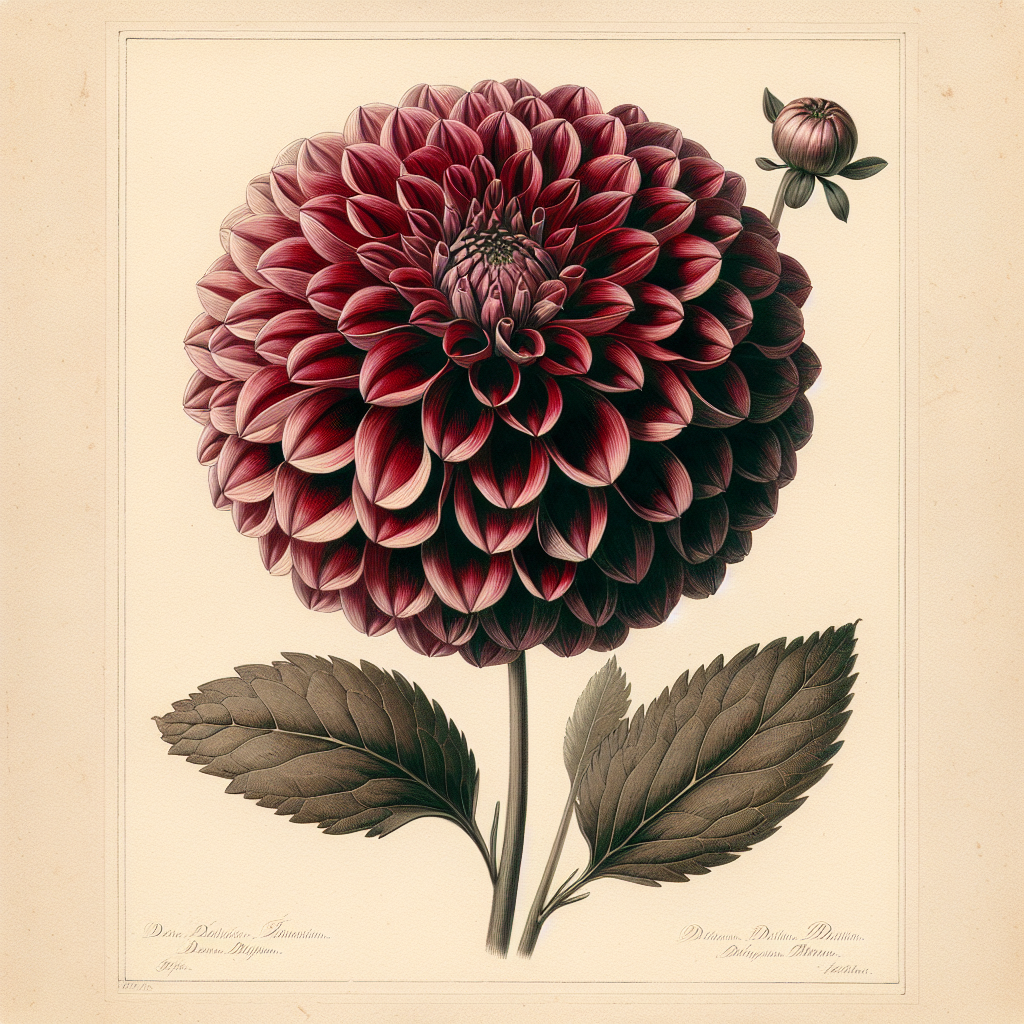 Botanical plate illustration of Stoneleigh Cherry dahlia, Dark Red Semi-Cactus
