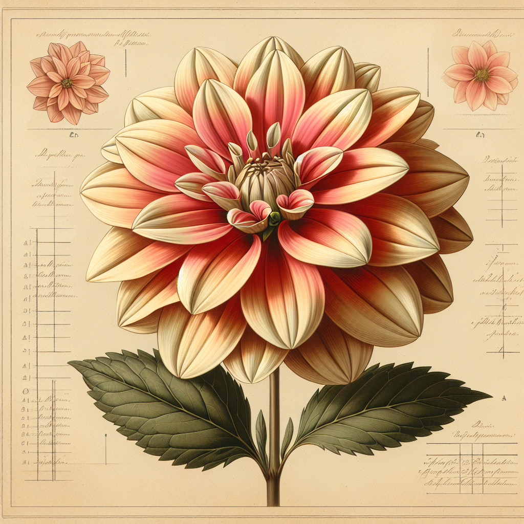 Botanical plate illustration of Strawberry Cream dahlia, Light Blend Formal Decorative