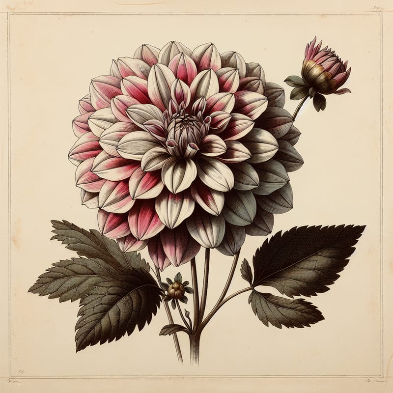 Botanical plate illustration of Striped Emory Paul dahlia, Variegated Formal Decorative