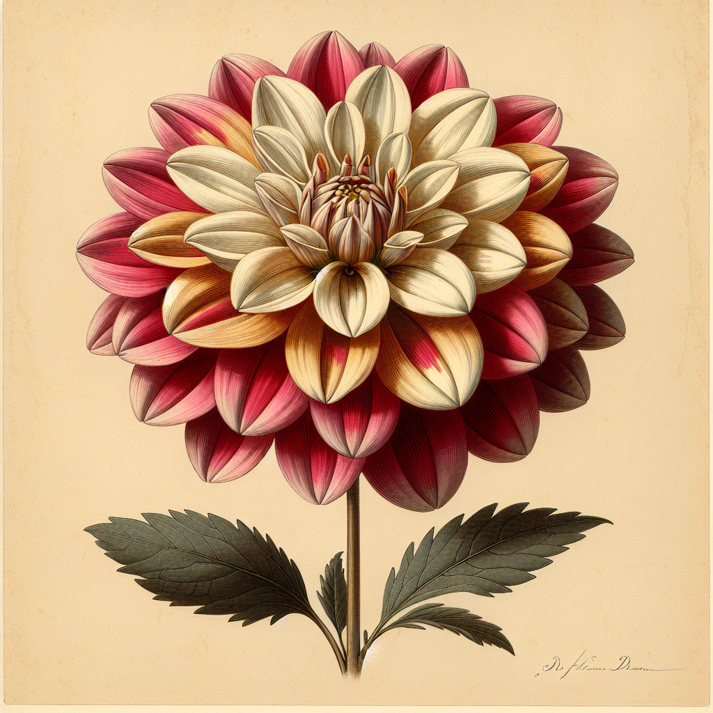 Botanical plate illustration of Sugar Cane dahlia, Bicolor Formal Decorative