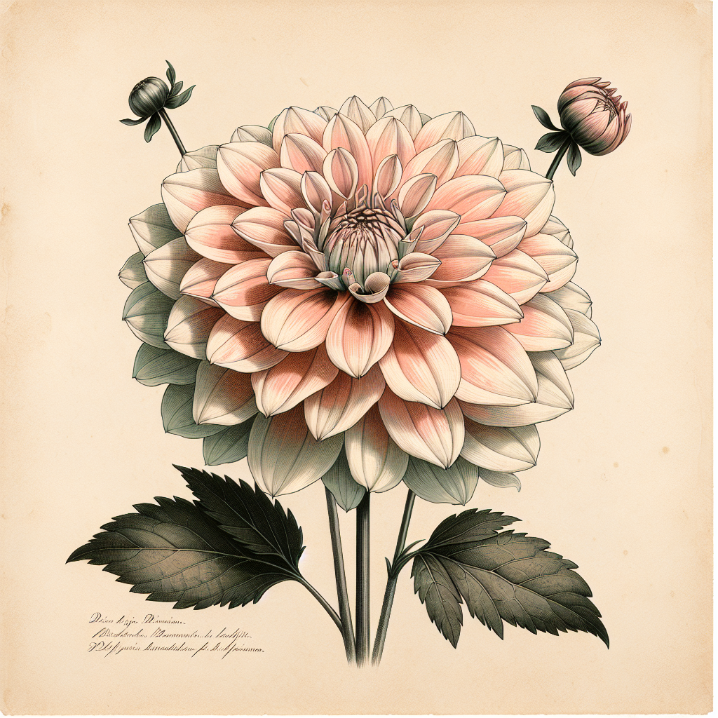 Botanical plate illustration of Sugartown Sunrise dahlia, Light Blend Formal Decorative