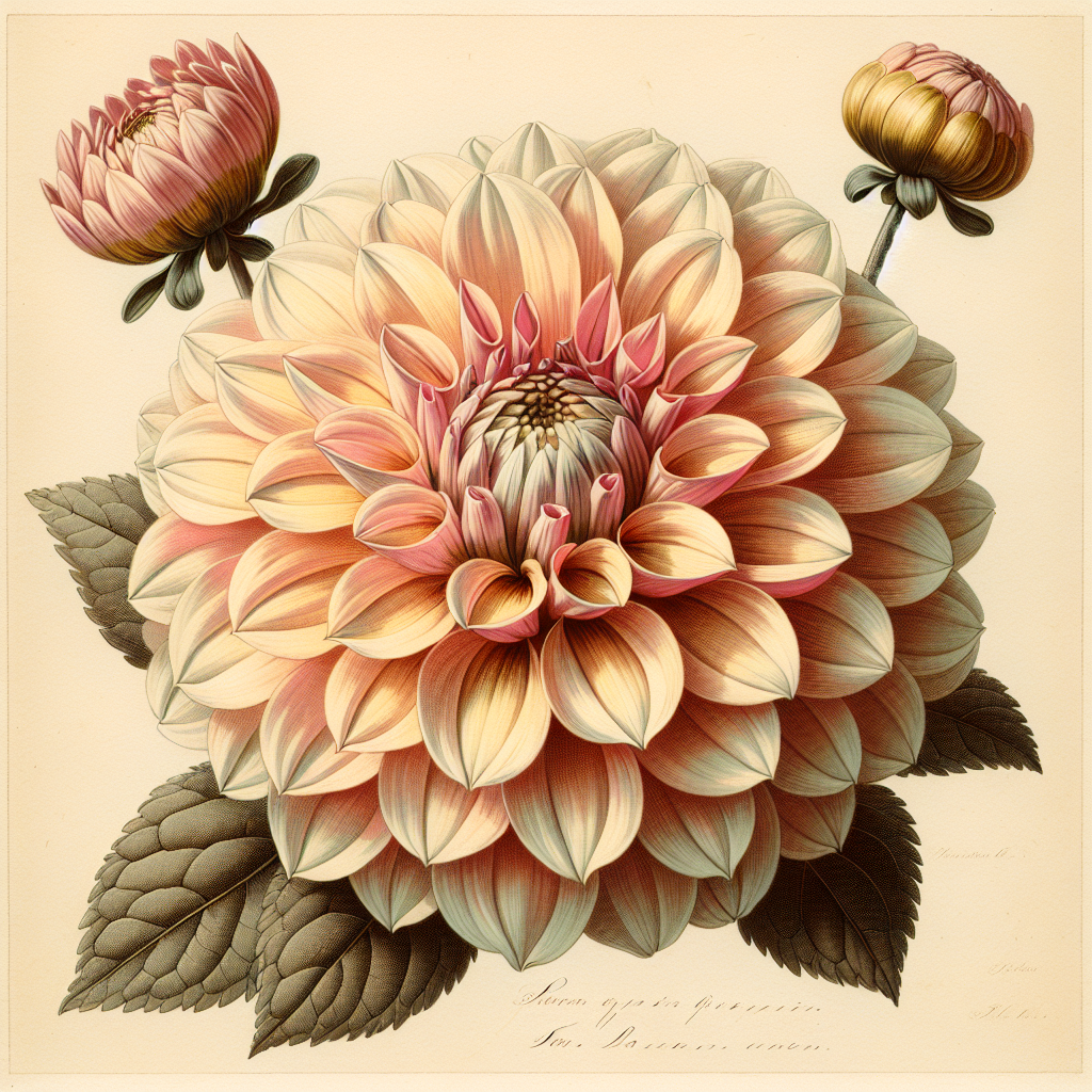 Botanical plate illustration of Suncrest dahlia, Light Blend Formal Decorative