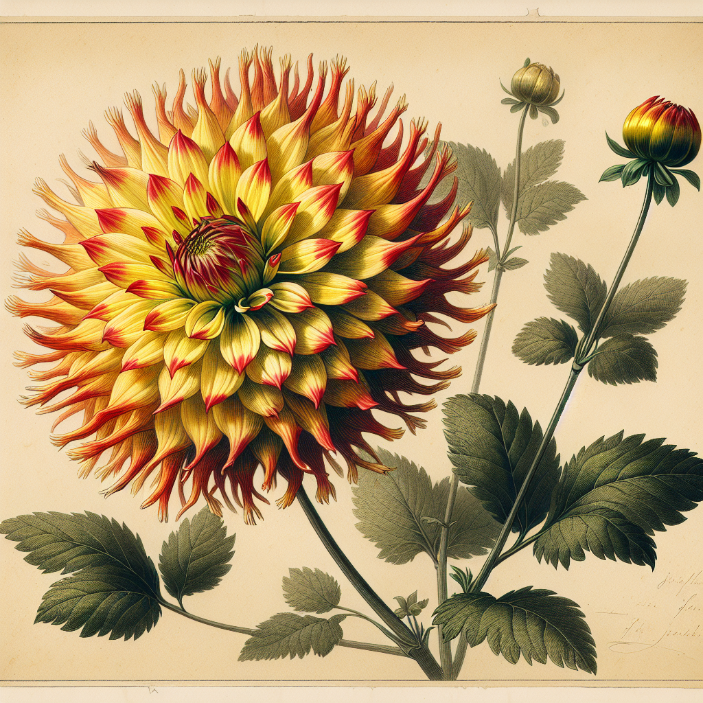 Botanical plate illustration of Sunshine dahlia, Yellow Informal Decorative
