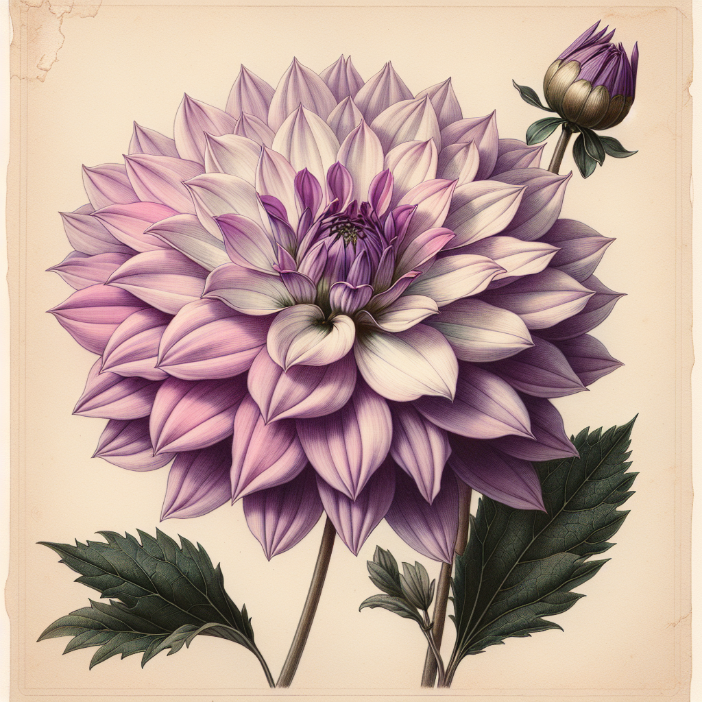 Botanical plate illustration of Sweet Love dahlia, Lavender Semi-Cactus