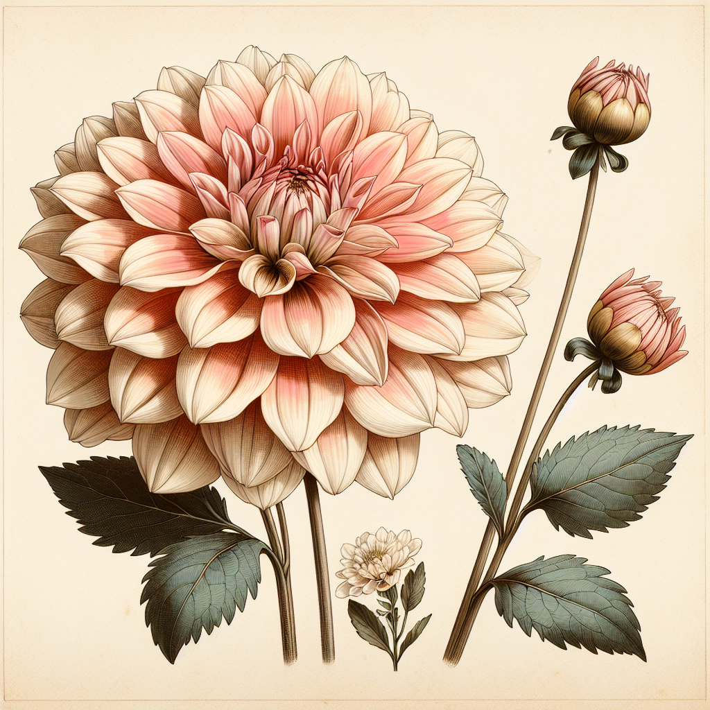 Botanical plate illustration of Sweet Nathalie dahlia, Light Blend Formal Decorative