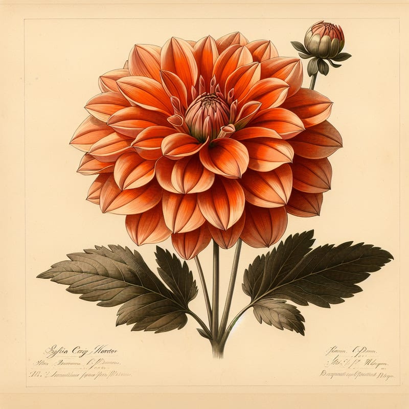 Botanical plate illustration of Sylvia Craig Hunter dahlia, Orange Formal Decorative