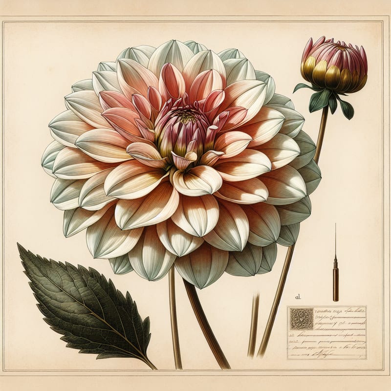 Botanical plate illustration of Tam Tam dahlia, Bicolor Formal Decorative