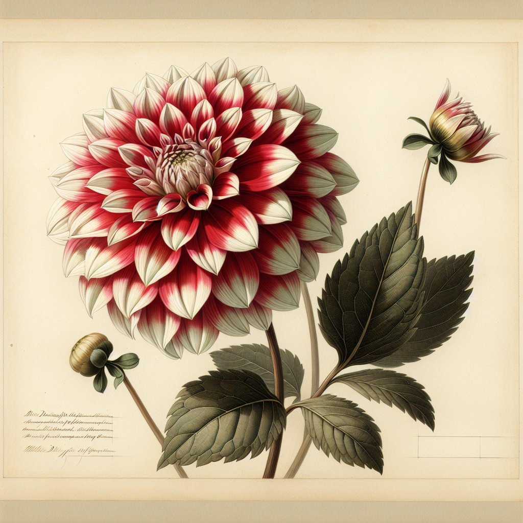 Botanical plate illustration of Tartan dahlia, Bicolor Informal Decorative