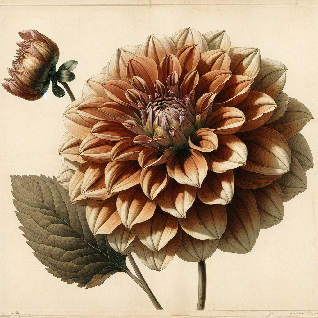 Botanical plate illustration of Terracotta dahlia, Bronze Semi-Cactus