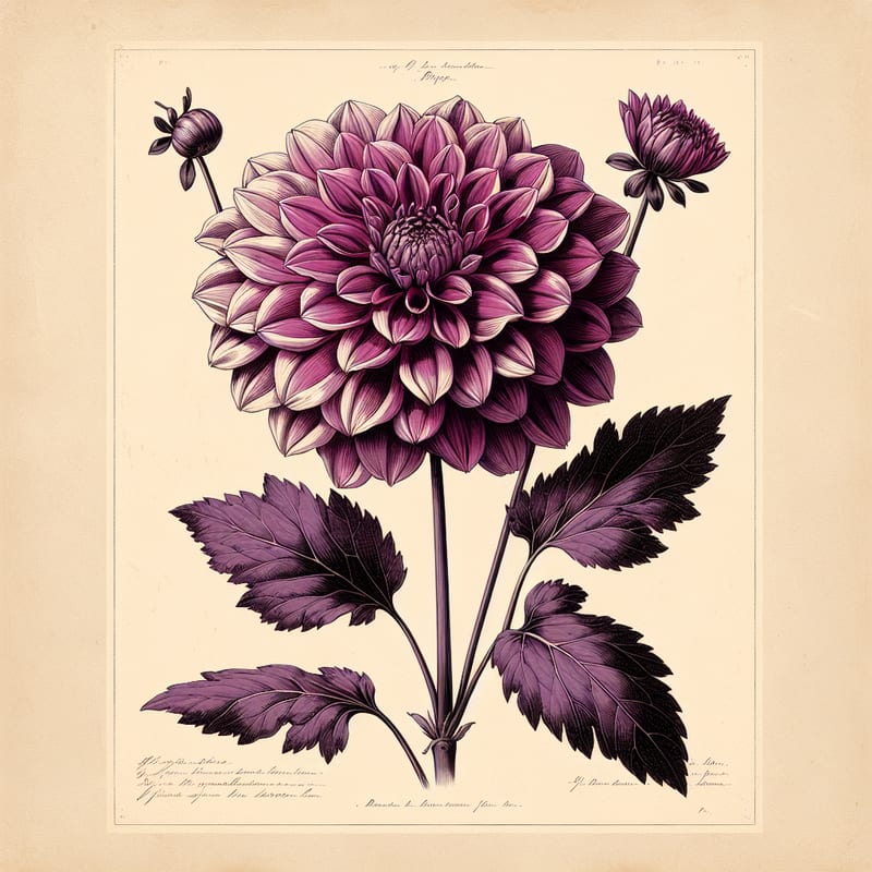 Botanical plate illustration of Thomas Edison dahlia, Purple Informal Decorative