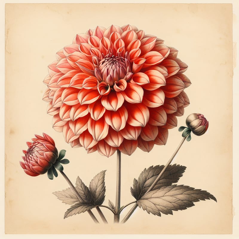 Botanical plate illustration of Totally Tangerine dahlia, Orange Anemone