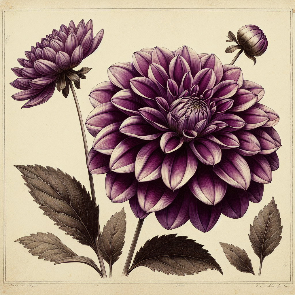 Botanical plate illustration of Twilight Boy dahlia, Purple Formal Decorative