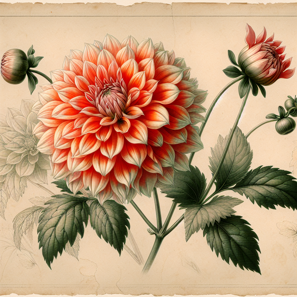 Botanical plate illustration of Twilight Time dahlia, Orange Laciniated