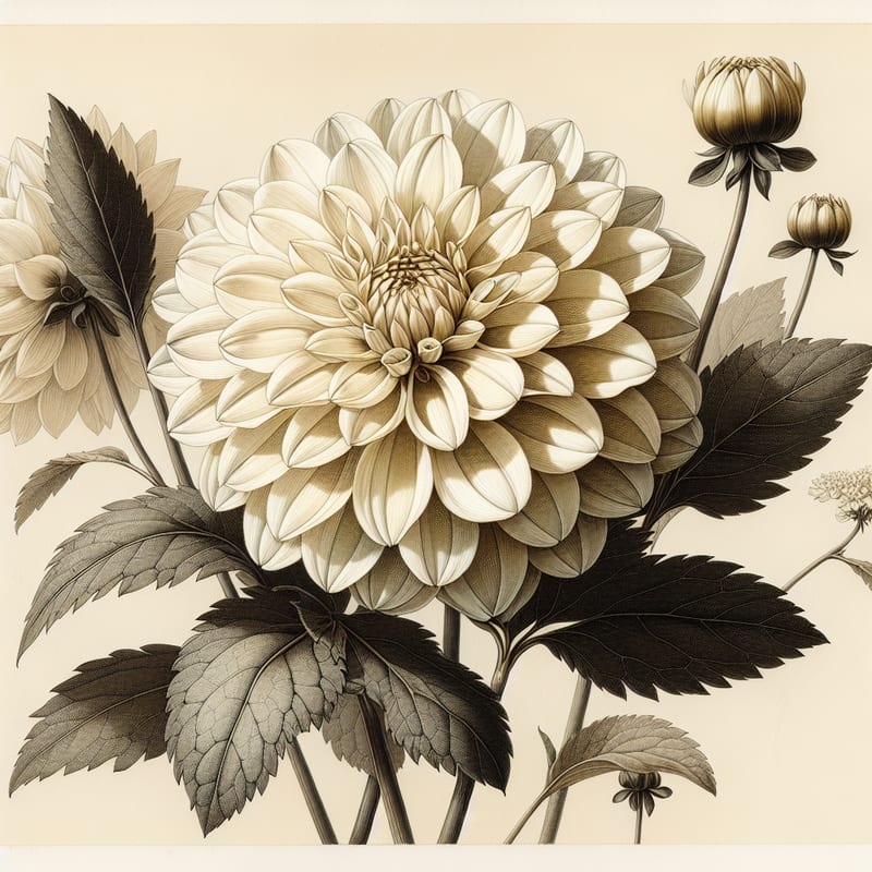 Botanical plate illustration of Twyning's After Eight dahlia, White Single