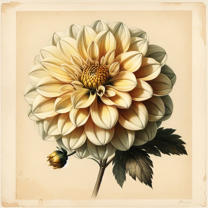 Botanical plate illustration of Twyning's Smartie dahlia, Bicolor Single