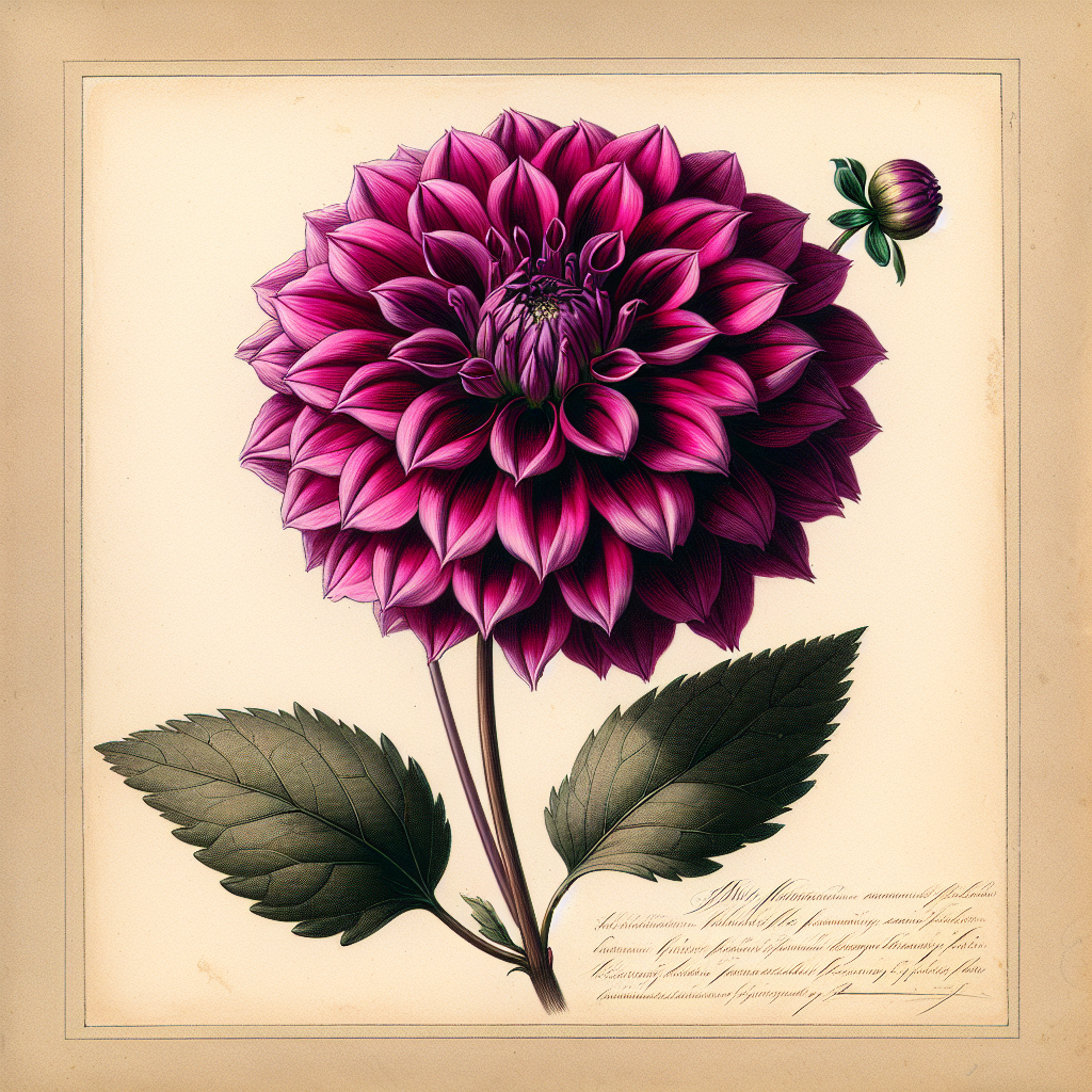 Botanical plate illustration of U2 Ania dahlia, Dark Pink Straight Cactus