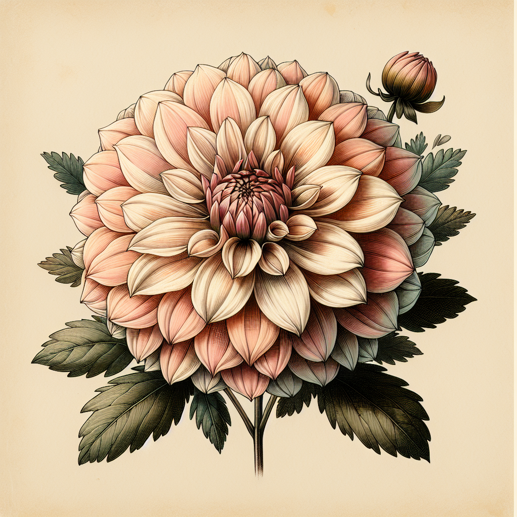 Botanical plate illustration of Valentine Lil dahlia, Light Blend Formal Decorative