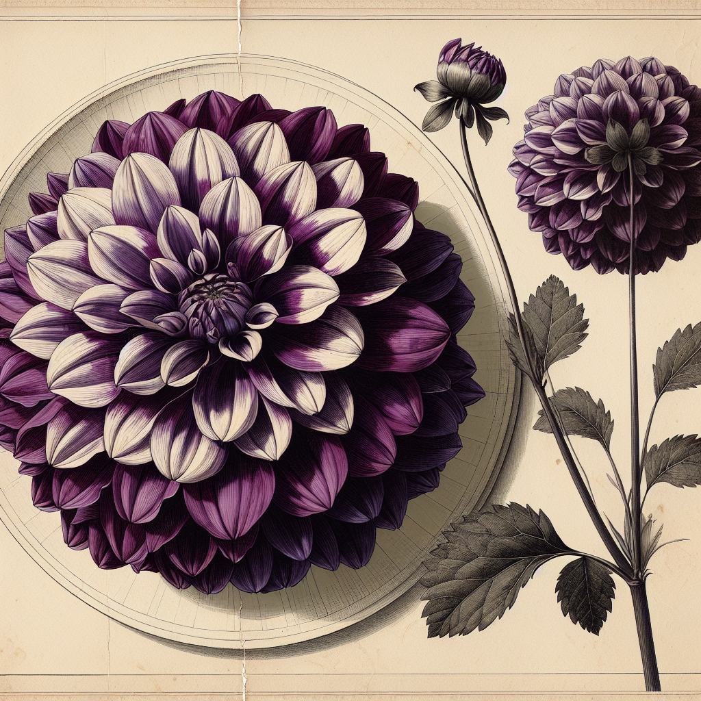 Botanical plate illustration of Vancouver dahlia, Purple Novelty Double